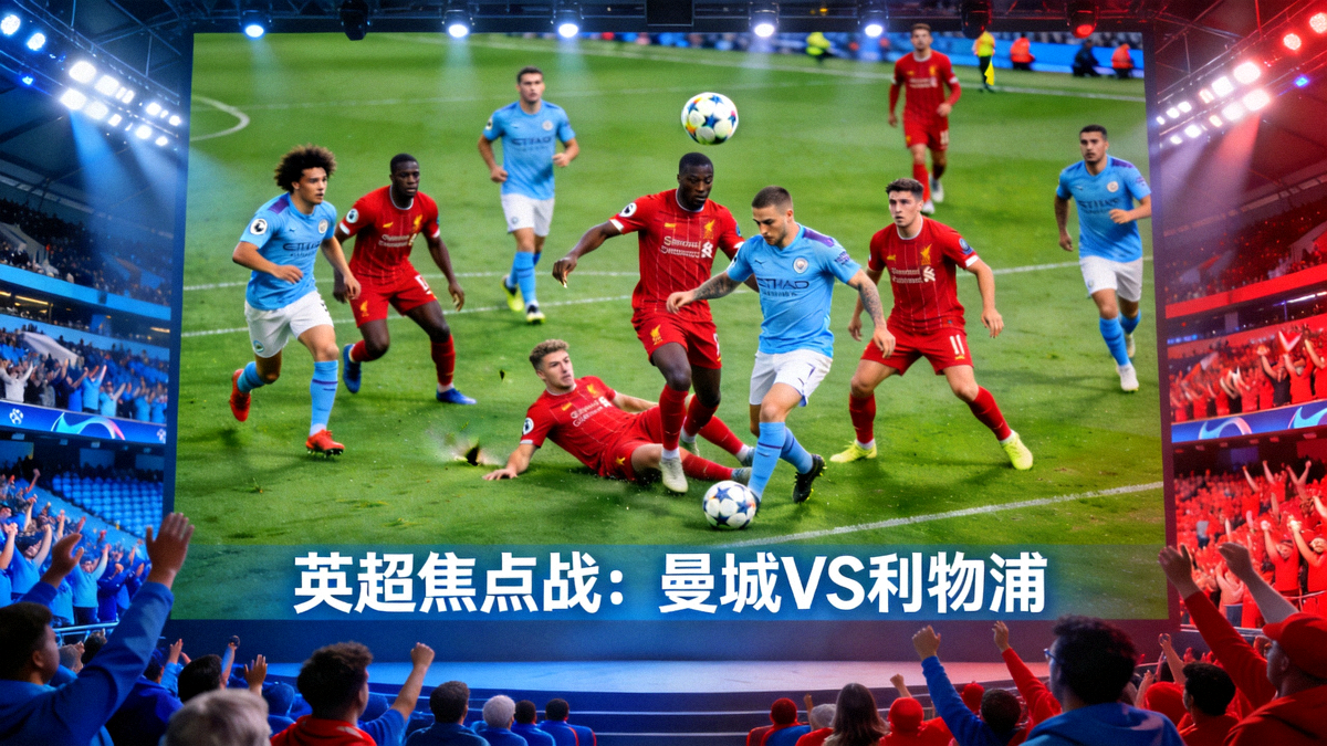 看球网焦点战巨幕直播画面，英超曼城对阵利物浦，球员在伊蒂哈德球场激烈拼抢